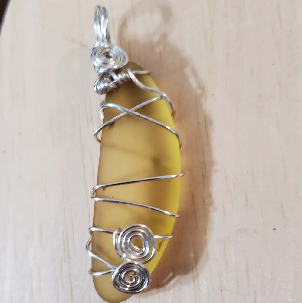 Tumbled Yellow Glass Wire Wrapped Pendant